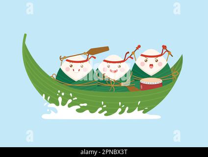 cute and kawaii chinese sticky rice dumplings zongzi cartoon characters riding bamboo leaf boat Stock Vector