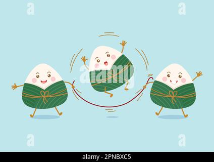 cute and kawaii chinese sticky rice dumplings zongzi cartoon characters play skipping robe Stock Vector