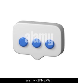Speech Bubble With 3 Blue Dotes. Symbol Of Typing Text In Social Media. Modern Realistic 3D Icon. 3D Render Isolated On White Background. Stock Photo