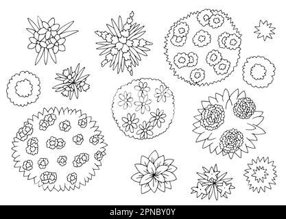 Landscape architect design element set graphic black white top sketch aerial view illustration vector Stock Vector