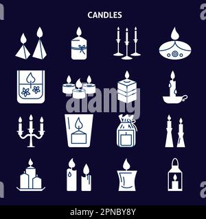 Candle silhouette icons set in flat style on dark background. Light source with burning flame symbols. Vector illustration. Stock Vector