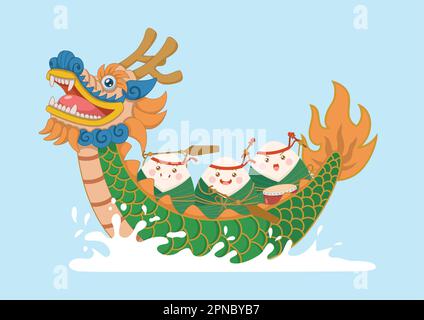 cute and kawaii chinese sticky rice zongzi characters riding dragon boat Stock Vector