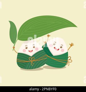 cute and kawaii chinese sticky rice dumpling zongzi characters with bamboo leaf umbrella Stock Vector