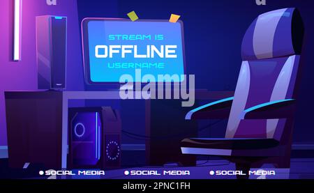 Offline stream cartoon wallpaper banner design for gamer with computer, table and armchair. Futuristic esport layout with social media button. Presentation template for twitch streamline game. Stock Vector