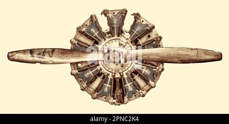 Retro styled image of an ancient airplane engine with propeller Stock Photo