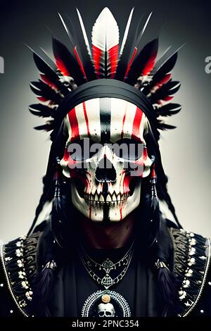 An artistic photograph of a human skull adorned with a feather headdress and beaded necklace, paying homage to the traditional dress of Native America Stock Photo