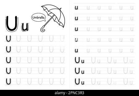 ABC Alphabets Tracing Book Interior For Kids. Children Writing Worksheet With Picture. Premium Vector Elements Letter U. Stock Vector