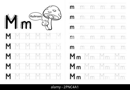 ABC Alphabets Tracing Book Interior For Kids. Children Writing Worksheet With Picture. Premium Vector Elements Letter M. Stock Vector