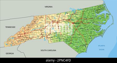 High detailed North Carolina physical map with labeling Stock Vector ...