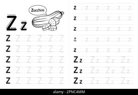 ABC Alphabets Tracing Book Interior For Kids. Children Writing Worksheet With Picture. Premium Vector Elements Letter Z. Stock Vector