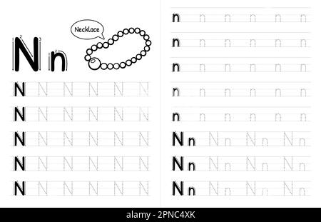ABC Alphabets Tracing Book Interior For Kids. Children Writing Worksheet With Picture. Premium Vector Elements Letter N. Stock Vector