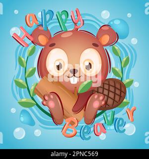 Cute Happy Beaver Cartoon Character Stock Vector