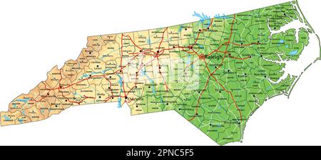 High detailed North Carolina physical map with labeling Stock Vector ...