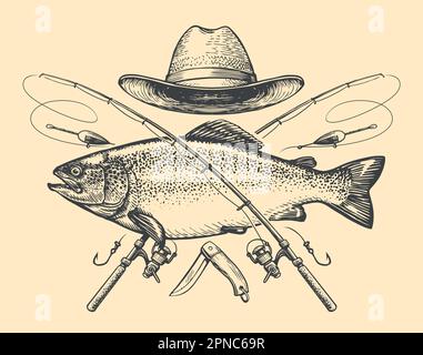 Fishing emblem in vintage engraving style. Fish and rod symbol. Sports recreation, sketch vector illustration Stock Vector