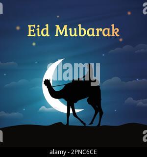 Eid Mubarak Special Design. Close-Up Illustration of a Camel Rider in Front of the Moon, Vector Art Depicting the Last Night of Ramadan in the Desert Stock Vector