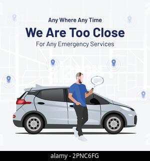 Car service flat illustration. Perfect post design for car servicing, online booking, searching shop address, parking locations, delivery services. Stock Vector
