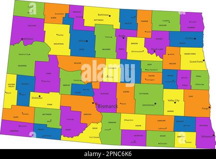 Colorful North Dakota political map with clearly labeled, separated layers. Vector illustration. Stock Vector