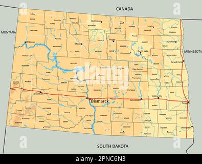 Highly detailed North Dakota physical map with labeling Stock Vector ...