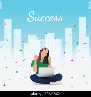 3D Flat Design of an Excited Young Girl Holding a Laptop and Celebrating Success in Front of a Beautifully Illustrated Cityscape on a Blue Background. Stock Vector
