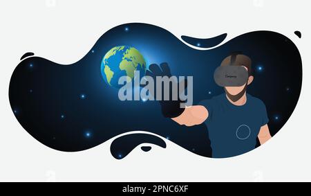 Metaverse Technology Futuristic 3D Flat Illustration Design. Man with Virtual Reality Viewing the Space and Taking the World in Hand. Stock Vector