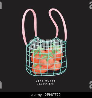 An eco friendly shopping bag full of fesh tomatoes watercolor hand drawing illustration. Zero waste shfopping, isolated on black background. Stock Vector