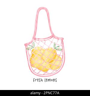 An eco friendly shopping bag full of fesh lemons watercolor hand drawing illustration. Stock Vector