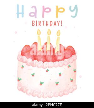 Cute Strawberries birthday cake with candles on top, Happy birthday watercolor hand painting illustration isolated on white background for greeting ca Stock Vector
