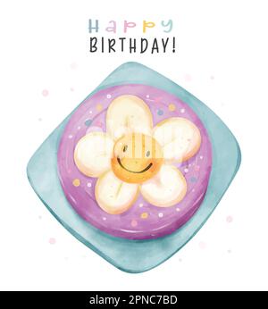 Cute colorful pastel birthday cake with big smiley daisy flower on top, Happy birthday watercolor hand painting illustration for greeting card idea. Stock Vector