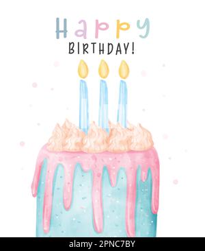 Cute colorful pastel cheerful birthday cake with light blue candles on top, Happy birthday watercolor hand painting illustration for greeting card ide Stock Vector