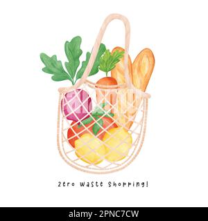 A Zero waste eco friendly shopping bag full of fesh vegetables watercolor hand drawing illustration, bring your own bag. Stock Vector