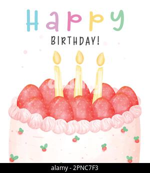 Cute Strawberries birthday cake with candles on top, Happy birthday watercolor hand painting illustration isolated on white background for greeting ca Stock Vector