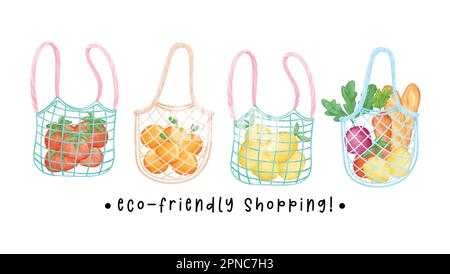 Group of Eco-Friendly reusable shopping bag full of fresh fruits and vegetable watercolor hand drawing illustration banner isolated on white backgroun Stock Vector