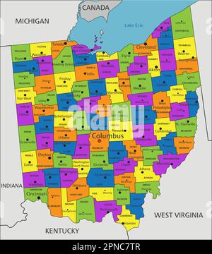 Colorful Ohio political map with clearly labeled, separated layers ...