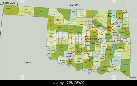 Highly detailed editable political map with separated layers. Oklahoma. Stock Vector