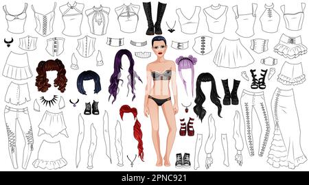 Goth Girl Coloring Page Paper Doll with Female Body Template, Clothing, Hairstyles and Accessories. Vector Illustration Stock Vector