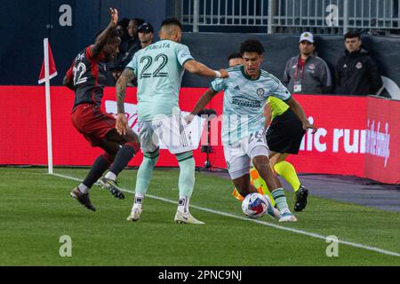 Toronto, ON, Canada - April 15: Caleb Wiley #26 defender of the Atlanta United holds the ball during the 2023 MLS Regular Season match between Toronto Stock Photo
