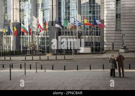 Illustration shows  the European parliament, the Paul-Henry Spaak building (PHS), host of the European parliament hemicycle in Brussels, Tuesday 18 April 2023. BELGA PHOTO JAMES ARTHUR GEKIERE Stock Photo