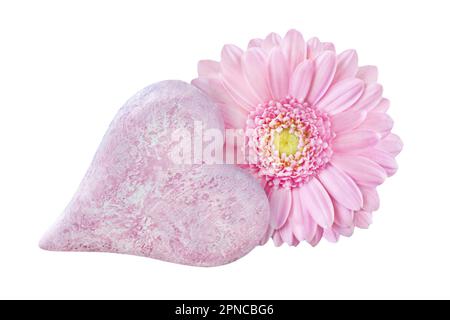 Decoration pink love heart with Gerbera isolated on white background Stock Photo
