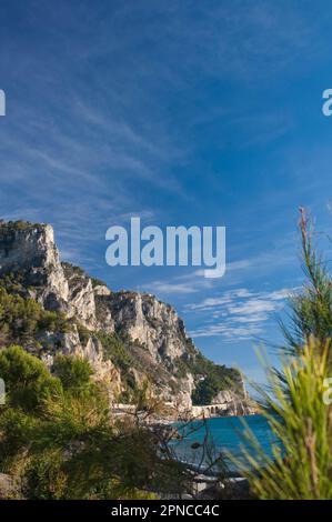 Excursion to the Capo Noli traffic light, climbing from Varigotti. View on Capo Noli. Noli, Savona, Liguria, Italy Stock Photo