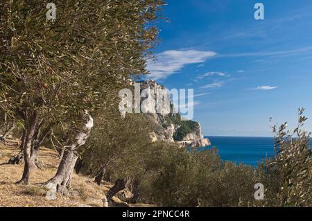 Excursion to the Capo Noli traffic light, climbing from Varigotti. View on Capo Noli. Noli, Savona, Liguria, Italy Stock Photo