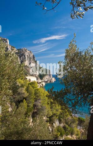 Excursion to the Capo Noli traffic light, climbing from Varigotti. View on Capo Noli. Noli, Savona, Liguria, Italy Stock Photo