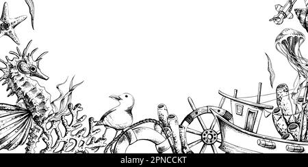 Marine animals with a fishing boat, a steering wheel and a life buoy. Illustration of hand drawn graphics, vector in EPS format. Template, frame on a Stock Vector