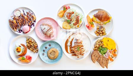 Fancy Breakfast table top angle with variety of dishes. Stock Photo