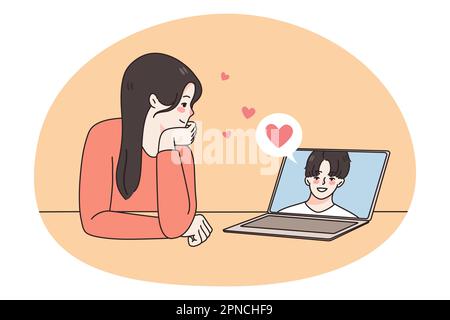 Happy girl talk on video call on laptop with boyfriend. Smiling loving woman have webcam virtual event on computer with male lover. Relationship on distance. Flat vector illustration. Stock Vector