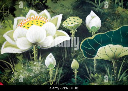 Phu Son Tu buddhist temple.  White lotus flowers.  Tan Chau. Vietnam. Stock Photo