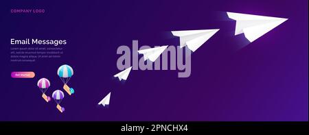 Email message service, isometric concept vector illustration. Flying paper plane and parachuting icon envelopes, unread message, ultraviolet web page for email marketing company, sending notifications Stock Vector