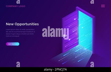 New opportunities isometric landing page. Binary digital code coming through open door on neon glowing futuristic background. New technologies coming to human life, high-tech 3d vector illustration Stock Vector