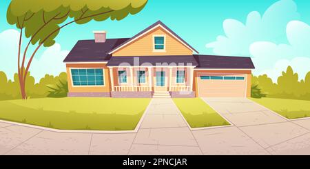 Suburban cottage, residential house with garage. Vector cartoon illustration of village mansion facade. Summer countryside landscape of with private building and tree Stock Vector