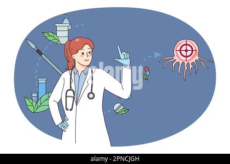 Female doctor or scientist explore cancer cell do research in laboratory. Woman medical specialist work with oncology diagnostic and treatment. Tumor biopsy and chemotherapy. Vector illustration. Stock Vector