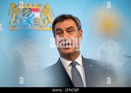 Munich, Germany. 18th Apr, 2023. Markus Söder (CSU), Minister President of Bavaria, attends the final press conference after the Bavarian cabinet meeting. Credit: Peter Kneffel/dpa/Alamy Live News Stock Photo